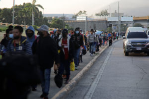 A caravan of migrants in January 2022, in San Pedro Sula, Honduras.