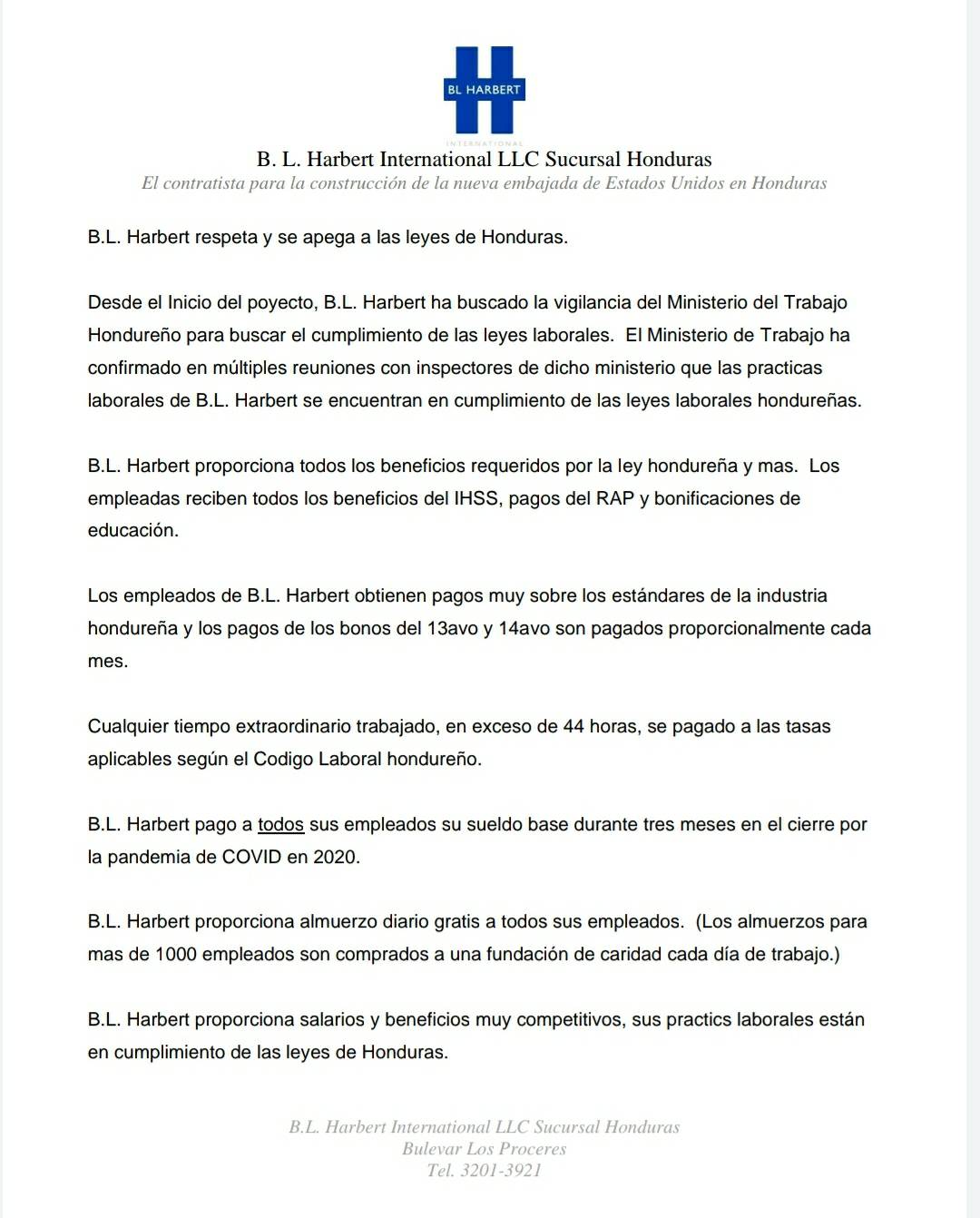 B. L. Harbert International LLC Sucursal Honduras, contratista para la construcción de la nueva embajada de EE.UU. en Honduras