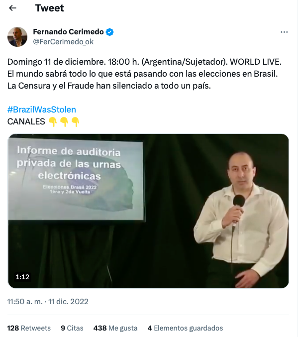 Uno de los tuits con que Cerimedo acusaba fraude en las últimas elecciones presidenciales de Brasil.