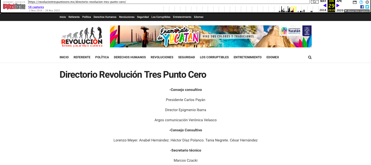 Captura de pantalla que muestra que Epigmenio Ibarra y Carlos Payán como parte del directorio del medio digital Revolución Tres Punto Cero, fundado por César Hernández. Crédito: imagen obtenida de la plataforma Wayback Machine