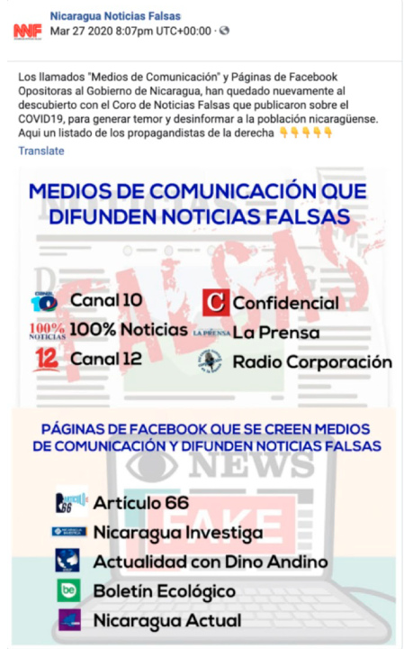 Cuentas sandinistas eliminadas ejecutaron una campaña de desprestigio contra medios independientes de Nicaragua, como muestra esta publicación de la cuenta “Nicaragua Noticias Falsas”, adjuntada en el informe de Meta, de donde se tomó esta captura.