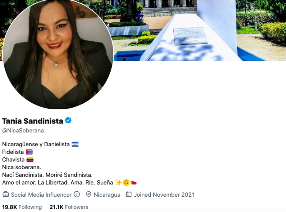 La cuenta @nicasoberana, de “Tania Sandinista”, hace parte de la red de propaganda inauténtica y coordinada, alcanzó a tener un sello azul de Twitter en marzo de 2023.