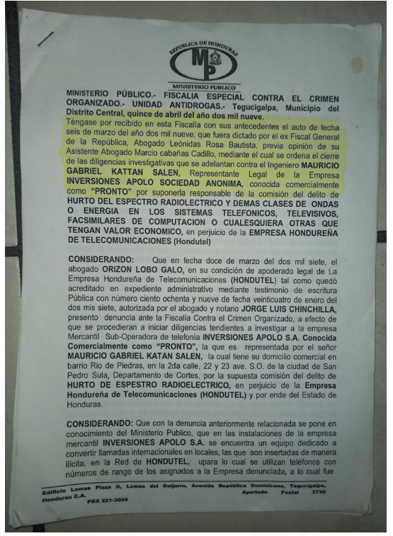 Imagen de un documento en el que se menciona la participación de Marcio Cabañas, mientras era asistente del Exfiscal General, Leonidas Rosa, decidió desestimar la investigación de un caso.