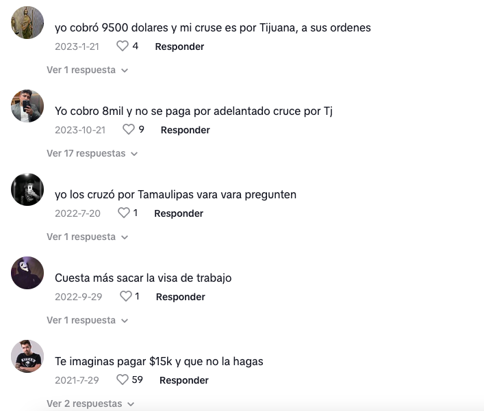 varias cuentas de Kwai ofrecen el servicio de cruzar la frontera de Estados Unidos, tanto en sus publicaciones como en los comentarios.