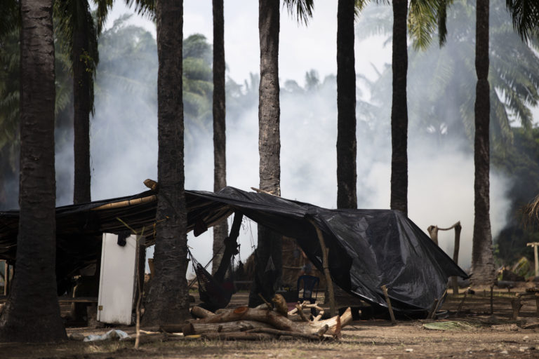 El campamento es una serie de tiendas de campaña o chozas levantadas con ramas, cuerdas y algunas láminas de plástico o palma seca como techo. Nueva Armenia, Jutiapa, Atlántida. Octubre de 2024. Foto CC / Fernando Destephen.