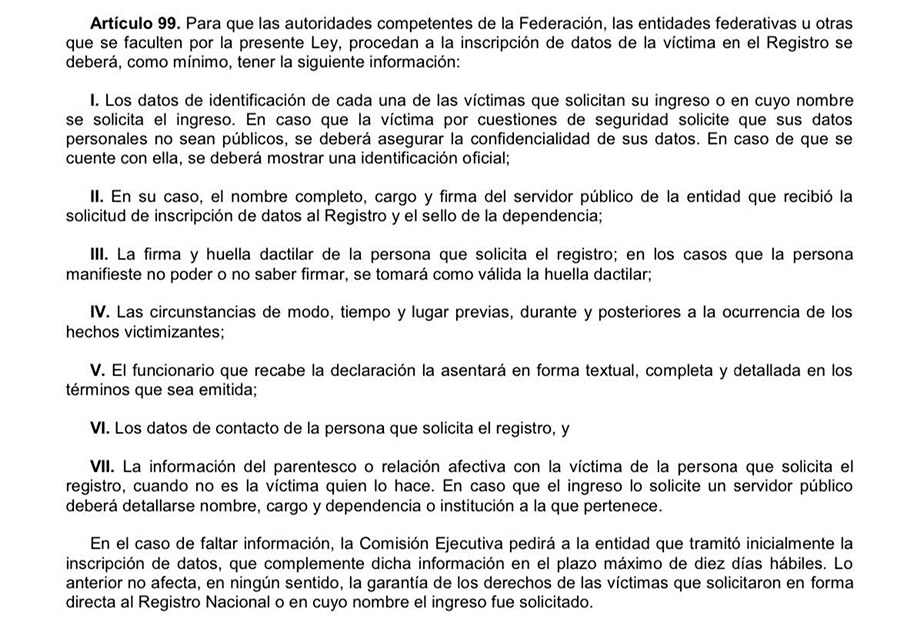 Datos solicitados por las autoridades para reconocer como víctimas a los familiares de Mayra.