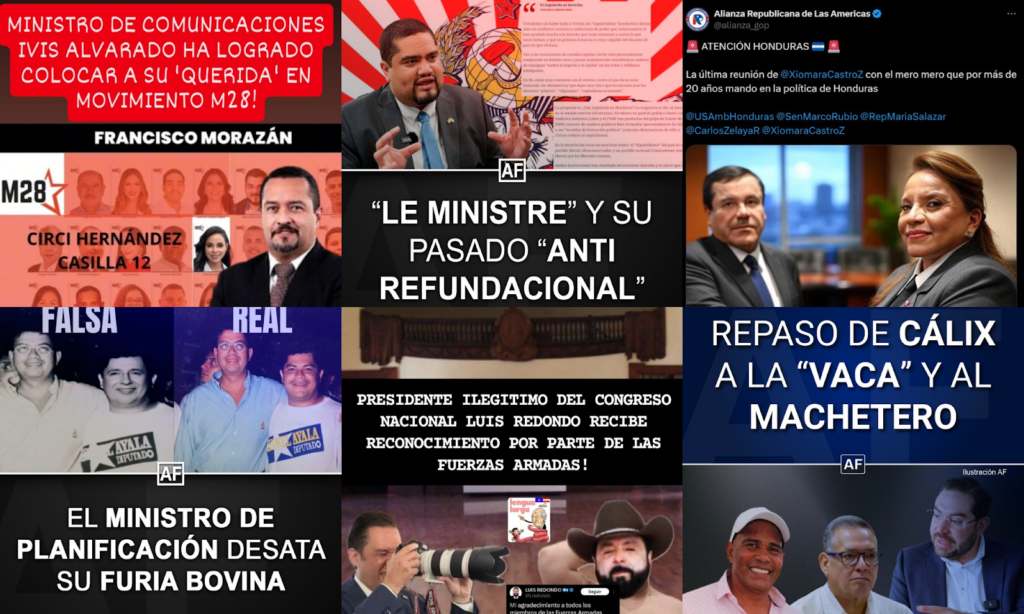 Ejemplos de cuentas afines a la oposición que atacan al oficialismo. Capturas de imagen tomadas de X y Facebook.