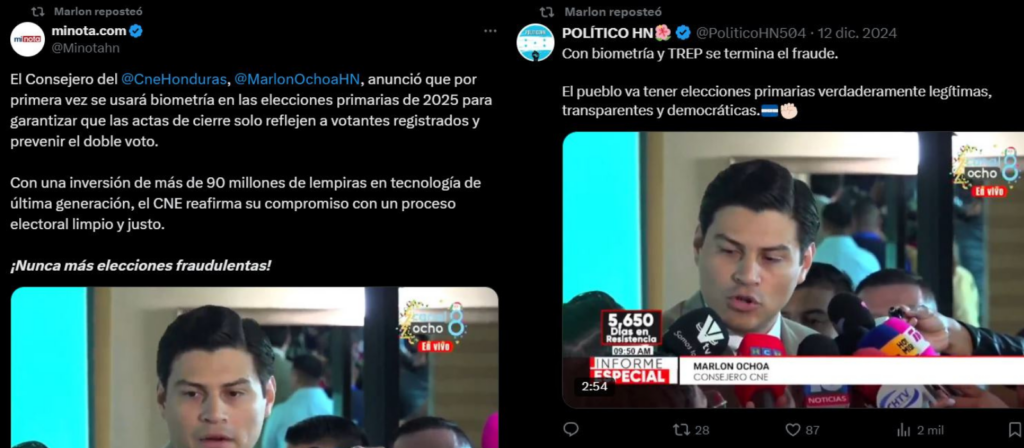 Las cuentas de MiNota y Político HN en X replican el mismo video originado en el estatal Canal 8. Capturas de imagen tomadas de X.